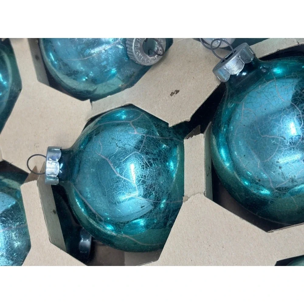 Shiny Brite Glass Ornaments Blue Silver Vintage 12pc MCM USA Made Box Set